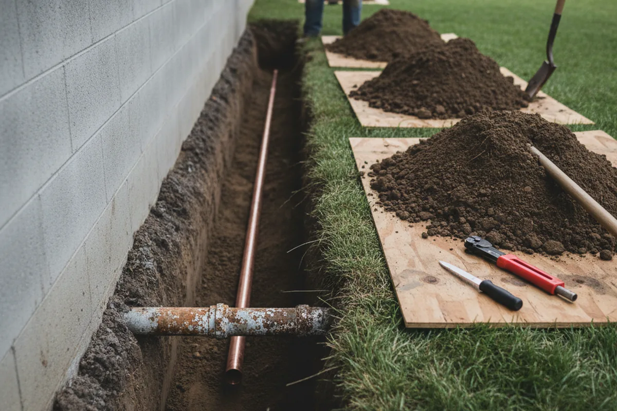 Excavated water line trench during Water Softener Installation in Ottawa Lake